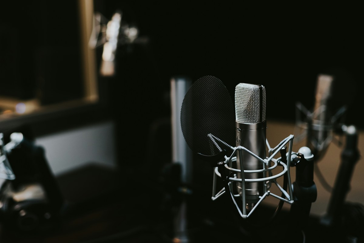 A condenser microphone in a shock mount with a pop filter, in a dark recording studio